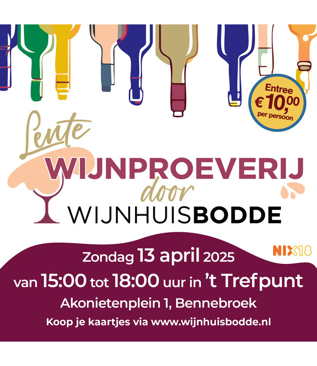 Lente Wijnproeverij - zondag 13 april - van 15.00 tot 18.00 uur - 't Trefpunt Bennebroek