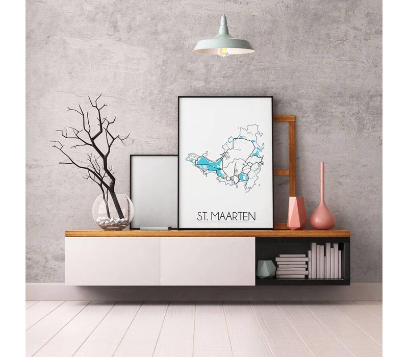 St. Maarten Karte Plakat - schwarz-weiß blau
