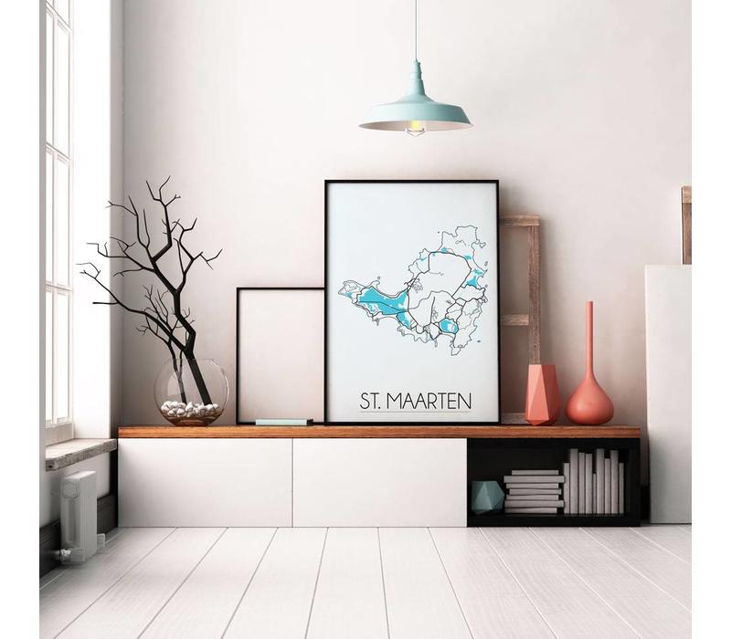 St. Maarten Karte Plakat - schwarz-weiß blau