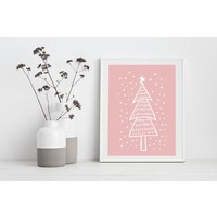 Kerstboom - Handgetekend - Kerst poster - Interieur poster - Wanddecoratie - Tekst poster - Roze