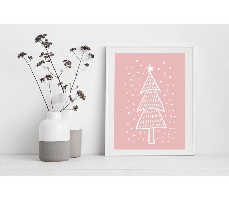 Kerstboom - Handgetekend - Kerst poster - Interieur poster - Wanddecoratie - Tekst poster - Roze