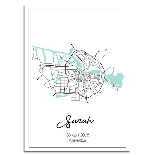 Birth poster Mint green - City map - Birthplace 