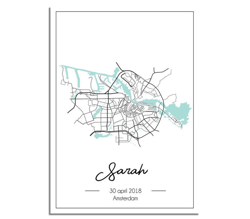 Birth poster Mint green - City map - Birthplace