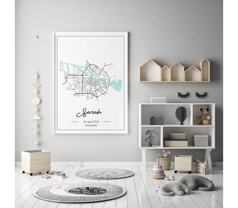 Geburtsposter minzgrün  - Stadtplan - Geburtsort