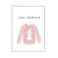 Kerstposter 100% kerstmis - kerstdecoratie - Roze