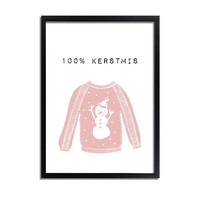 Kerstposter 100% kerstmis - kerstdecoratie - Roze