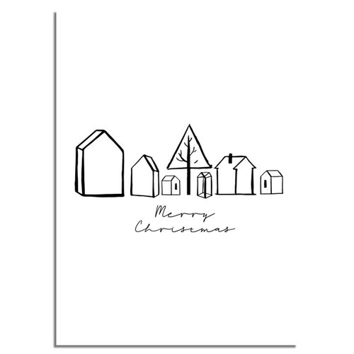 Weihnachtsposter Merry Christmas Häuser - Weihnachtsdekoration Schwarz weiß 