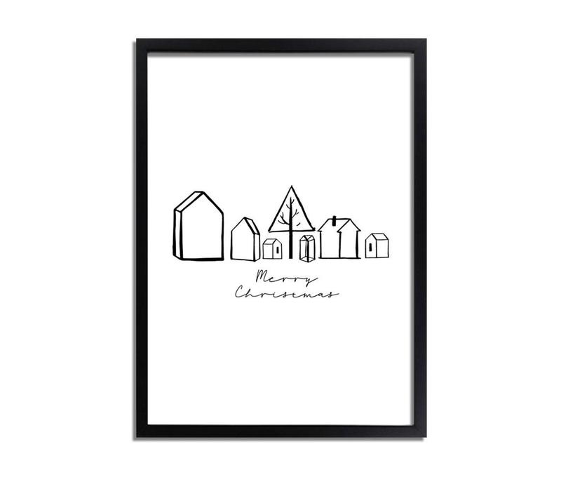 Weihnachtsposter Merry Christmas Häuser - Weihnachtsdekoration Schwarz weiß