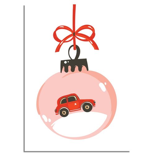 Kerstposter Rode auto - Kerstdecoratie Kleurrijk 
