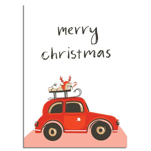 Kerstposter Merry Christmas Rode Auto  - Kerstdecoratie Kleurrijk 