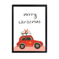 Kerstposter Merry Christmas Rode Auto  - Kerstdecoratie Kleurrijk