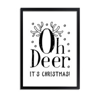 Kerstposter Oh Deer It's Christmas - Kerstdecoratie Zwart wit