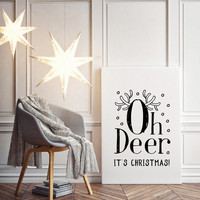 Kerstposter Oh Deer It's Christmas - Kerstdecoratie Zwart wit