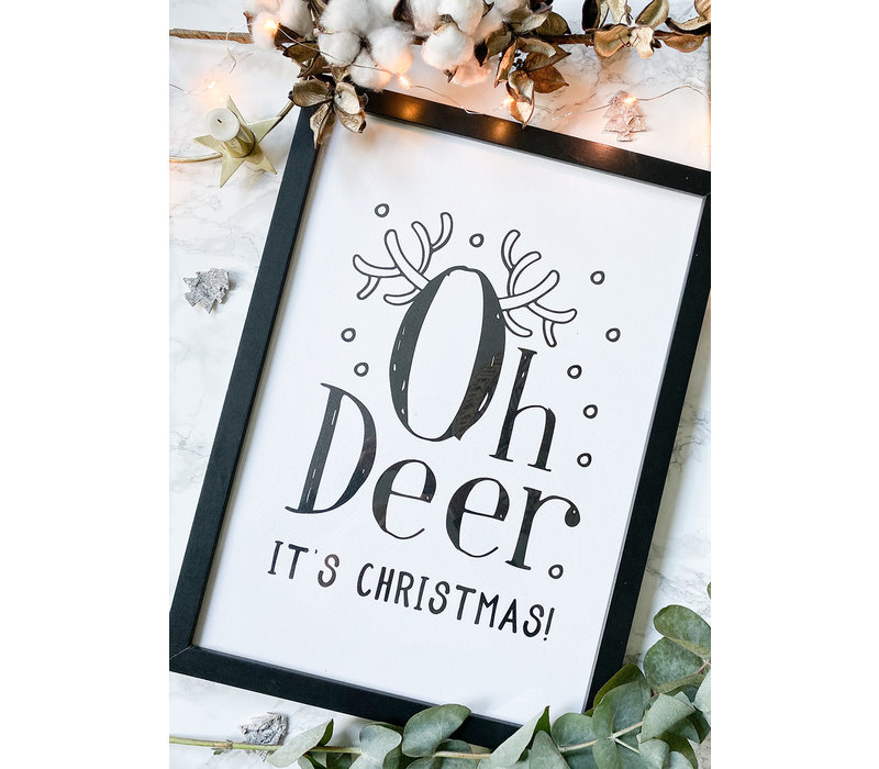 Kerstposter Oh Deer It's Christmas - Kerstdecoratie Zwart wit