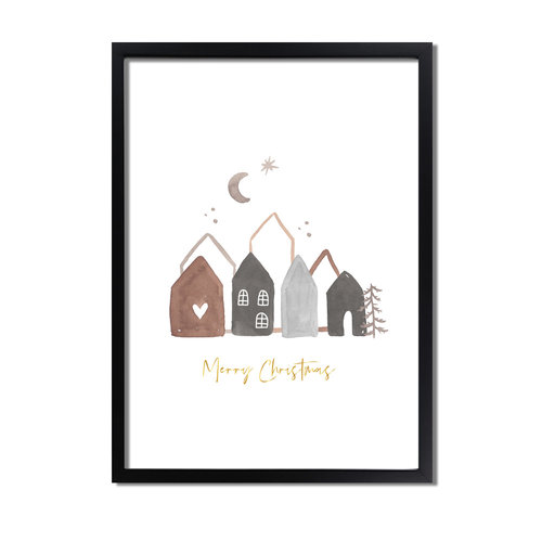 Kerstposter Merry Christmas Huisjes Goudfolie 