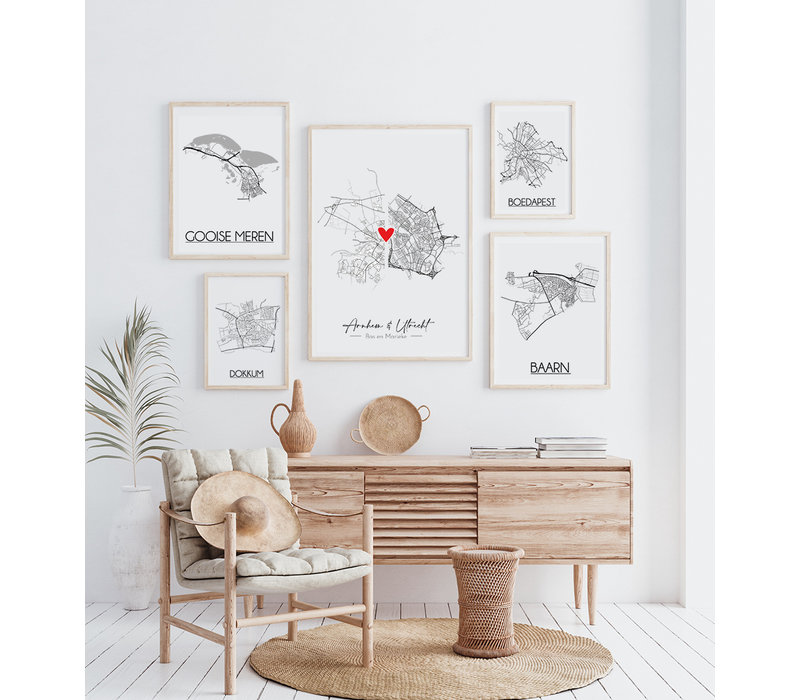 Affiche de mariage « Vivre ensemble » : deux cartes de villes + cœur personnalisé