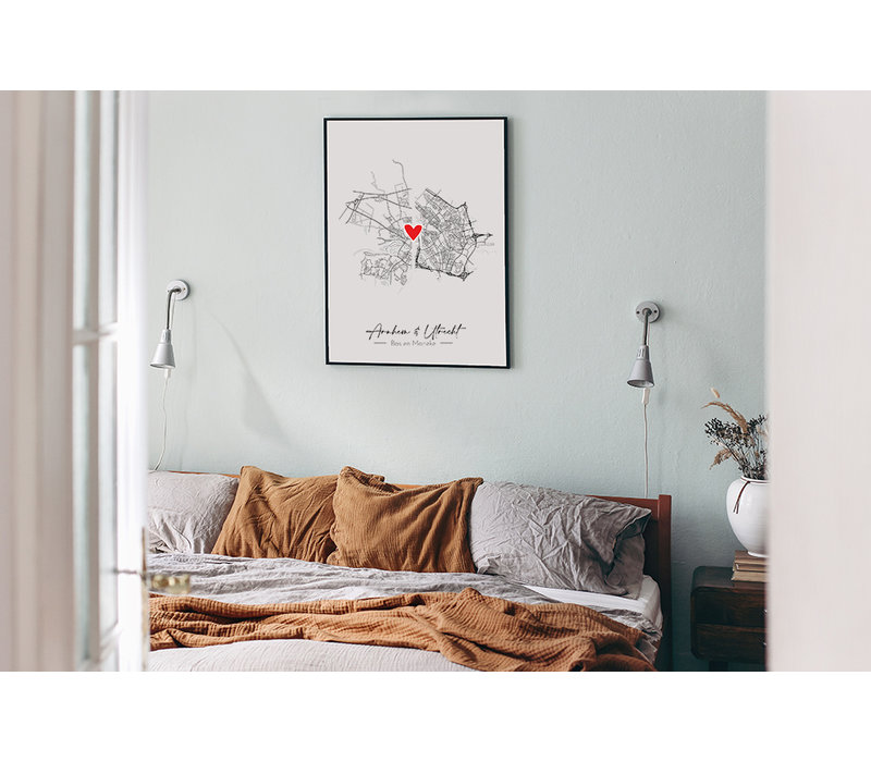 Wedding Poster Living Together Two City Maps + heart personalized