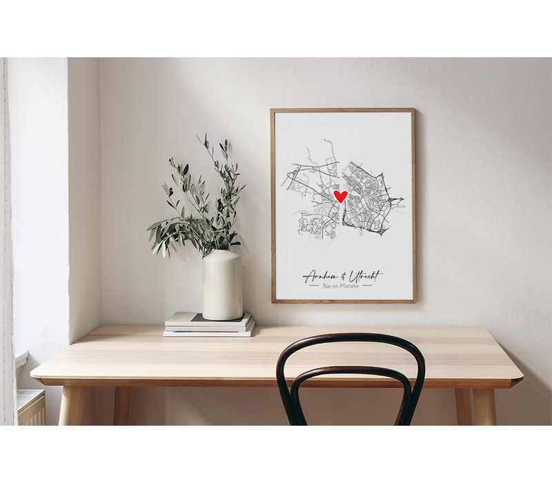 Wedding Poster Living Together Two City Maps + heart personalized