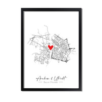 Affiche de mariage « Vivre ensemble » : deux cartes de villes + cœur personnalisé