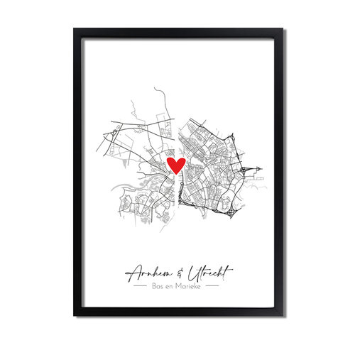 Affiche de mariage « Vivre ensemble » : deux cartes de villes + cœur personnalisé 