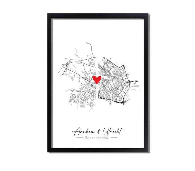 Wedding Poster Living Together Two City Maps + heart personalized