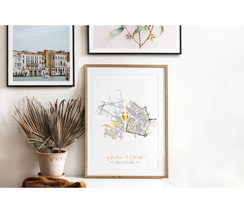 Affiche de mariage personnalisée « Vivre ensemble » : deux cartes de villes + cœur doré