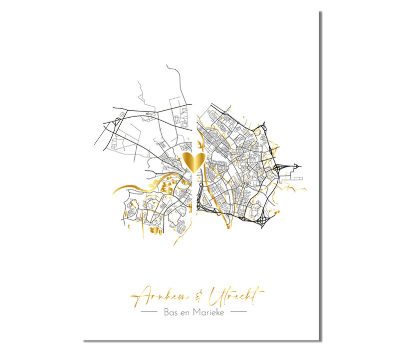Affiche de mariage personnalisée « Vivre ensemble » : deux cartes de villes + cœur doré