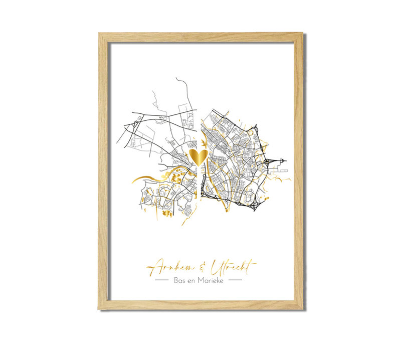 Affiche de mariage personnalisée « Vivre ensemble » : deux cartes de villes + cœur doré