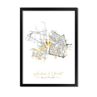 Affiche de mariage personnalisée « Vivre ensemble » : deux cartes de villes + cœur doré