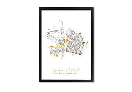 DesignClaud Trouwposter Samenwonen Twee Stadskaarten + hartje in goud gepersonaliseerd