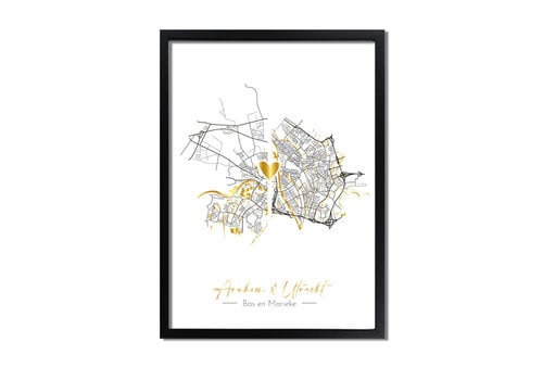 DesignClaud Wedding Poster Living Together Two City Maps + gold heart personalized