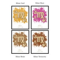 Foliedruk geboorteposter Horoscoop icoon Maagd in 9 verschillende kleuren. Met de kleuren goud, koper of zilver.