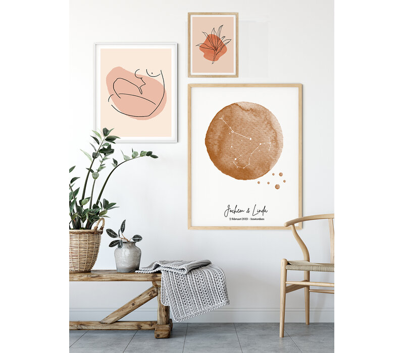 Trouwposter Sterrenbeelden Bruidspaar Handschrift - Foliedruk in goudfolie / zilverfolie / koperfolie