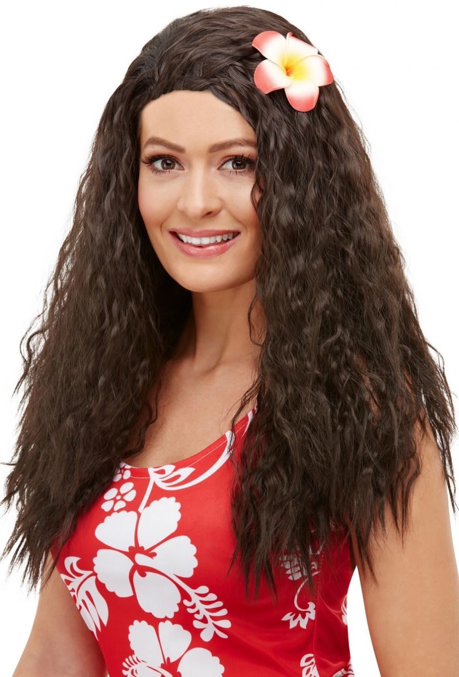 Super Hawaii Pruik Lang Haar Bruin met Bloem Deluxe - Partywinkel.nl XH-84