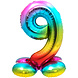 Folie Ballon Cijfer 9 Regenboog met standaard 72cm Folie Ballon Cijfer 9 Regenboog met standaard 72cm