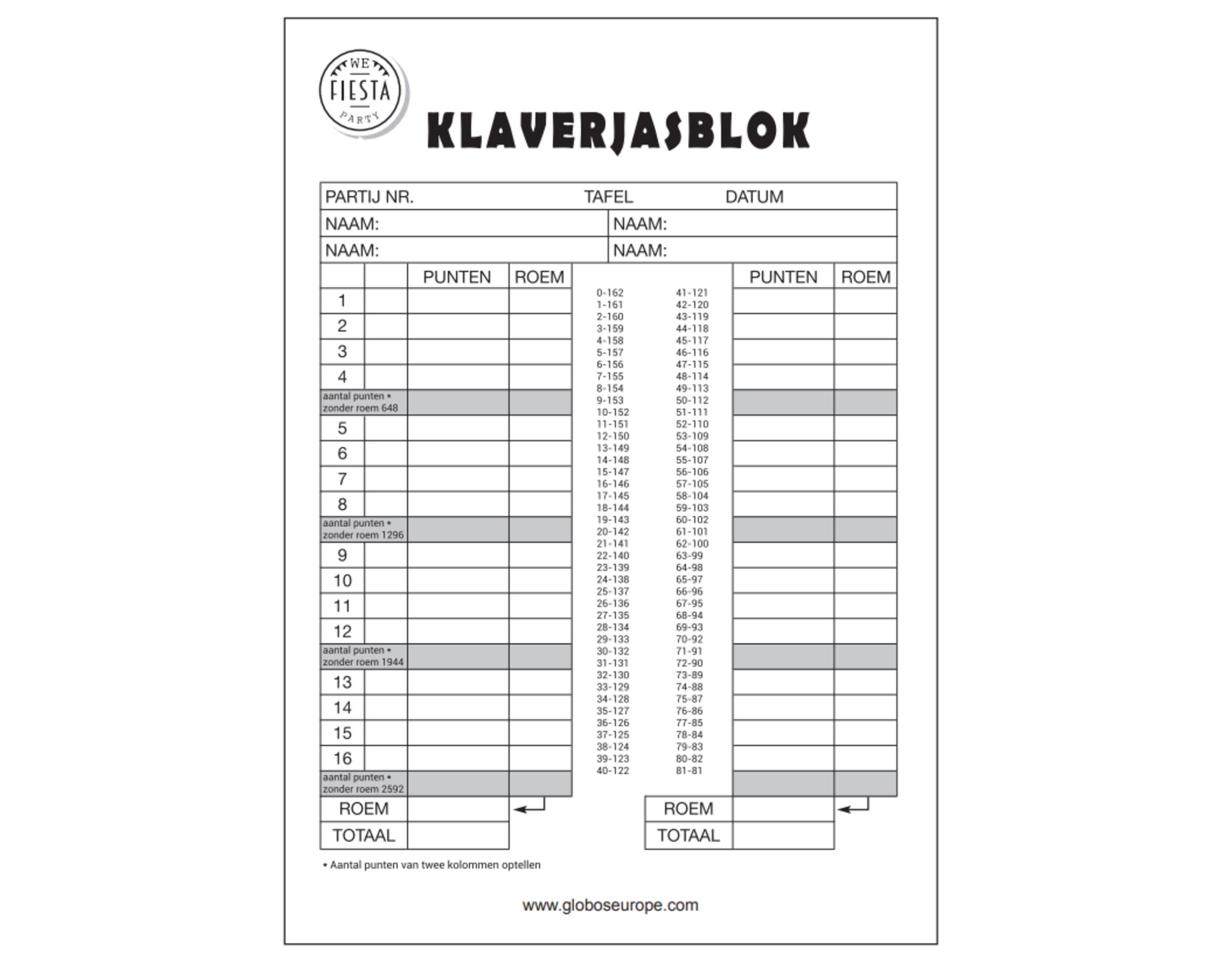 Klaverjas Scoreblok 21cm 50 Pagina s Partywinkel