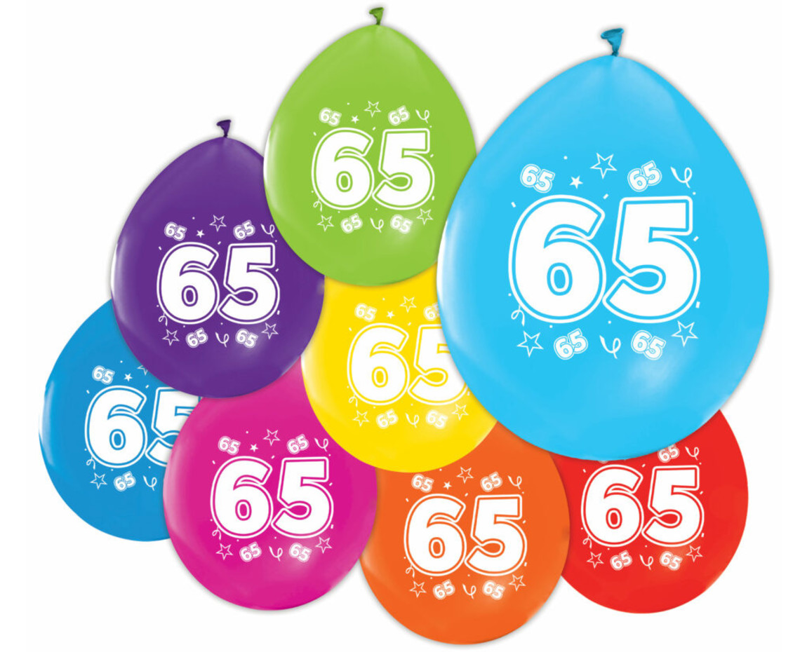 Gekleurde Ballonnen 65 Jaar 30cm 8st - Partywinkel