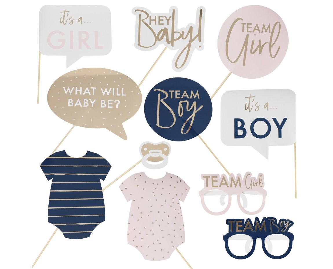 Kit Photobooth Gender Reveal 12 Pièces - Accessoires Fête Révélation Sexe Bébé