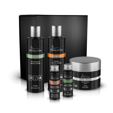 Beauty & Care Sauna Eukalyptus & Menthol Geschenkset 2 x 250 ml Sauna-Duftstoffe und 110 Gramm Mentholkristalle Beauty & Care Sauna Eukalyptus & Menthol Geschenkset 2 x 250 ml Sauna-Duftstoffe und 110 Gramm Mentholkristalle
