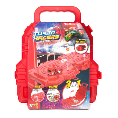 Turbo Racers auto + baan in koffer ( voorraad 48 stuks OP = OP)