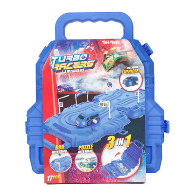 Turbo Racers auto + baan in koffer ( voorraad 48 stuks OP = OP)
