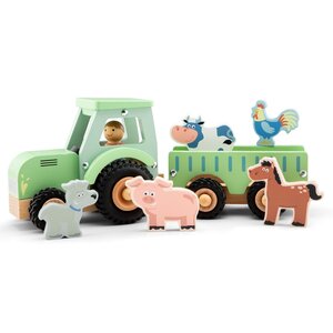 Houten tractor met aanhanger en 5 dieren 18 mnd+