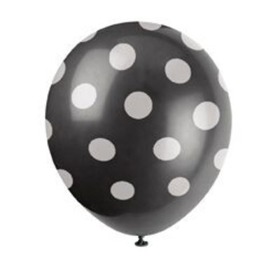Ballonnen zwart met witte stip 6 stuks ( Voorraad 12 verp. OP=OP)