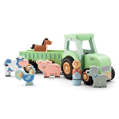 Houten tractor met aanhanger en 5 dieren 18 mnd+