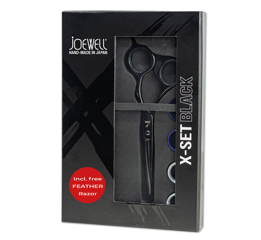 X-Set Black 5.75 Kappersschaar + Gratis Feather Razor black