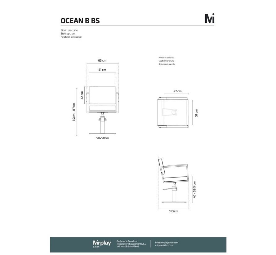 Kappersstoel Ocean BLACK  Op Vierkante Zwarte Trompet Base