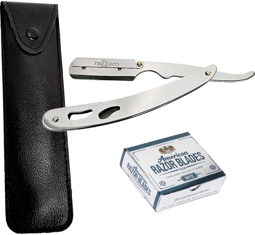 Straight Razor Silver + 100 American Razor Blades  -