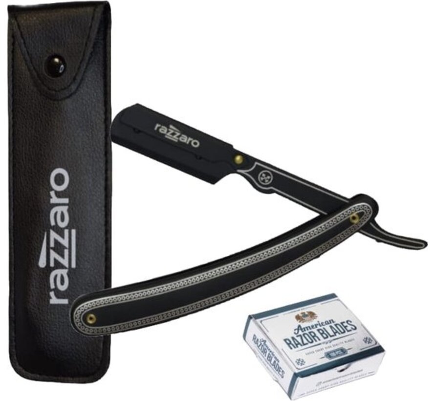 Straight Razor Black / Silver + 100 American Razor Blades  - -
