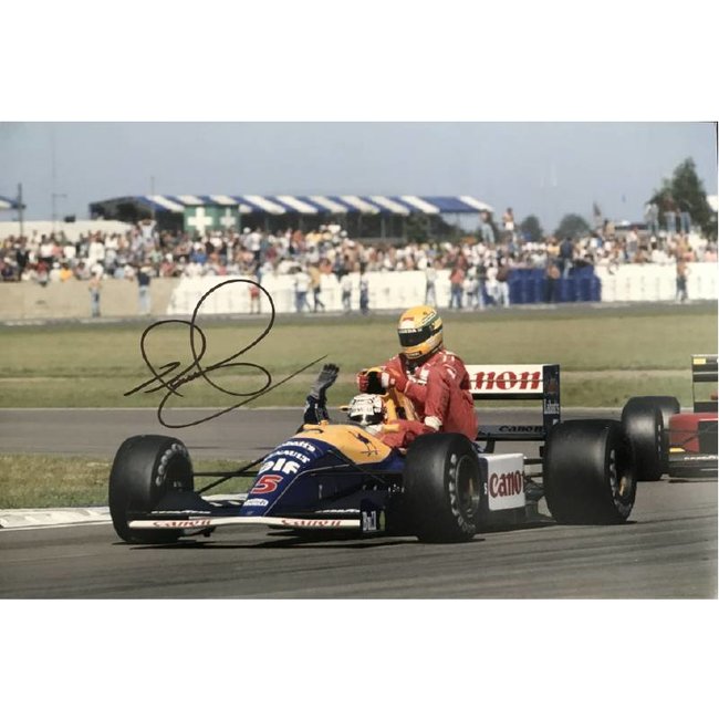 Foto Nigel Mansell Taxi voor Senna met handtekening Mansell