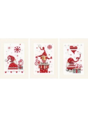 Vervaco Wenskaart kit Kerstkabouters met cadeaus set van 3